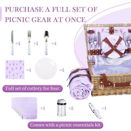 Neti Neti Wicker Picnic Basket for 4 with Insulated Cooler & Waterproof Blanket – Large Willow Picnic Hamper for Outdoor, Camping, Beach, Romantic Dates, Valentine’s Day - color: Purple Flowers
