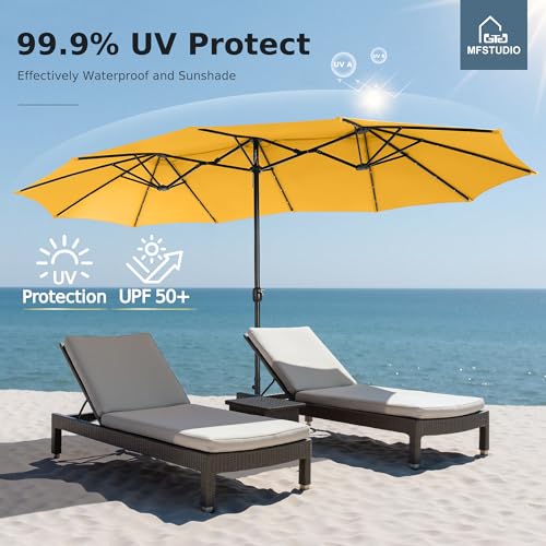 MFSTUDIO 15ft Double Sided Patio Umbrella with Solar Lights, Outdoor Large Umbrellas with Crank Handle and 36 LED Lights, Rectangular Market Umbrella with Base Included for Deck Pool, Gold Yellow - color: Gold Yellow