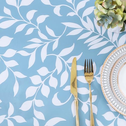 misaya Rectangle Vinyl Tablecloth, Fitted Table Cover, 100% Waterproof, Elastic Edge, Flannel Backing, Plastic Table Cloth Fit 6 Foot Folding Tables for Picnic, Camping (Blue Leaves, 30x72 inch) - color: Baby Blue, size: 72" x 30" (Rectangular)