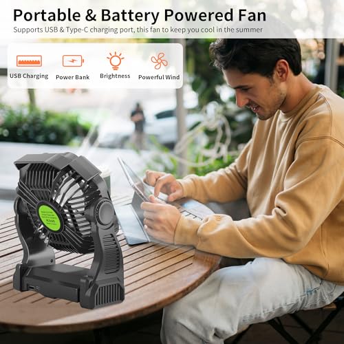 Rechargeable Portable Camping Fan for Tent with LED Light, 270°Pivot USB Personal Battery Powered Fan Outdoor Camping Essentials Battery Operated Portable for Travel X23 Black - color: Black