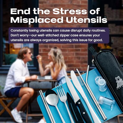 Taplord Portable Travel Silverware Set With Case, Includes 10 Pcs of Travel Utensils With Case, Stainless Steel Flatware Set For Camping, Lightweight (Silver) - color: Silver, size: 10 Pieces