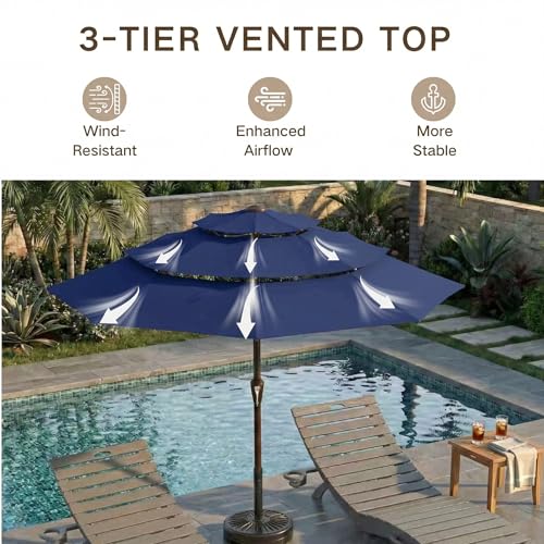 Kingdura 10ft 3-Tier Patio Umbrella, Outdoor Table Umbrella with Easy Crank & Tilt, 8 Reinforced Ribs, UV Protection for Deck, Pool, Market, Backyard (Navy blue) - color: Navy blue, size: 10 FT