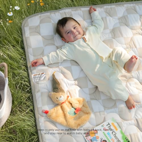 Momcozy Baby Play Mat for Floor, 50"x50" Thickened Playpen Mat, Playmate for Baby Tummy Time, Waterproof & Non-Slip, Foldable Outdoor Mat with Carrying Handle, Khaki Plaid - color: Khaki Plaid, size: 50" X 50"