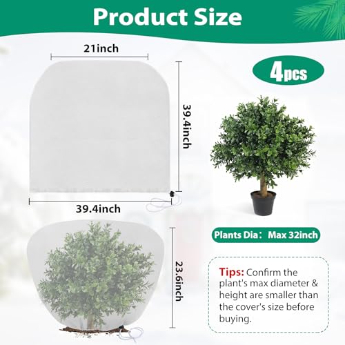 ANGAR 4 Pack Plant Covers Freeze Protection for Winter, 2.2oz/yd² (39.4" X 39.4") Shrub Plant Protection Bags with Drawstring, Plant Frost Protection Covers for Outdoor Garden Rose Bush Plants, White