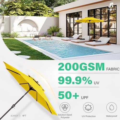JEAREY 9' 2-Tiers Patio Umbrellas Outdoor Table Market Umbrella w/Push Button Tilt/Crank, 8 Sturdy Ribs, UV Protection Waterproof Sunproof(Yellow) - color: Yellow