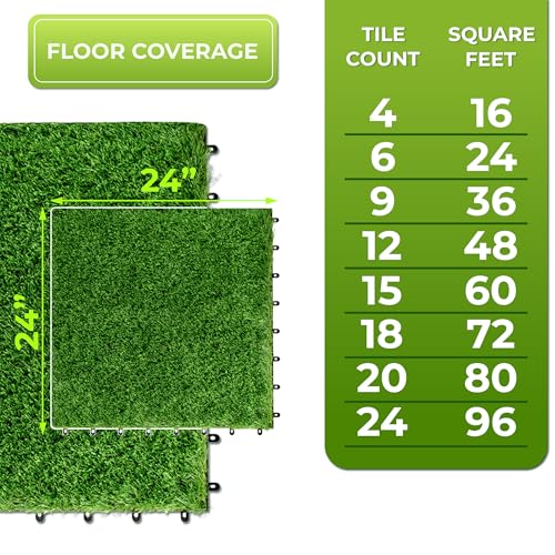 Sorbus 24Sq. Ft. Artificial Grass Tiles – Interlocking 24"x24" Fake Grass Mats for Balcony, Patio, Deck Flooring, Pets & Dog Pee Pad – Self-Draining Turf Squares with 8-Buckle System for Outdoor Decor - size: 6 Pack