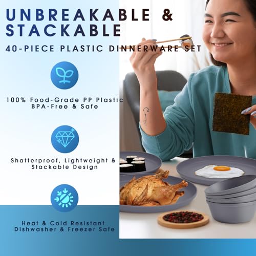 40 Piece Plastic Dinnerware Set for 8 with Cutlery, Unbreakable Plates and Bowls Set, Dishwasher & Microwave Safe Reusable Dish Set for Camping, RV, Outdoor Kitchen, Apartment Dining, Gray - color: Gray