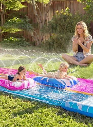 JOYIN 22.5FT Water Slide and 2 Inflatable Boards, Extra Long Heavy Duty Double Lawn Waterslide with Sprinkler for Kids Adults Backyard Summer Water Toy Outdoor Fun, Blue, Pink - color: Blue, Pink, size: 22.5ft