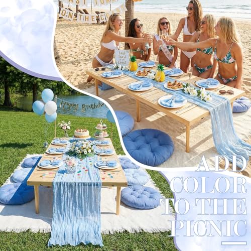 Beeveer 91 x 71'' Extra Large Outdoor Picnic Blanket with Blue Picnics Table Runner 6 Napkins and 6 Blue Floor Pillows Cushions for Picnic Party Camping Wedding Bachelorette Birthday Baby Shower Decor - color: Blue