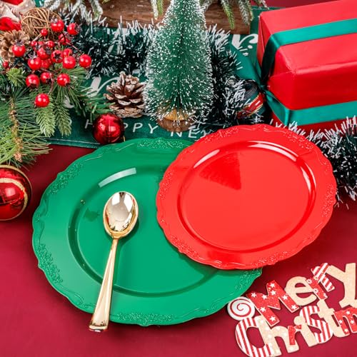 U-QE 100Pcs Christmas Plastic Plates - Green and Red Plate Disposable for Party, Plastic Christmas Plates Disposable Include 50 Red Dessert Plate, 50 Green Dinner Plate Suite for Party - color: Green Red