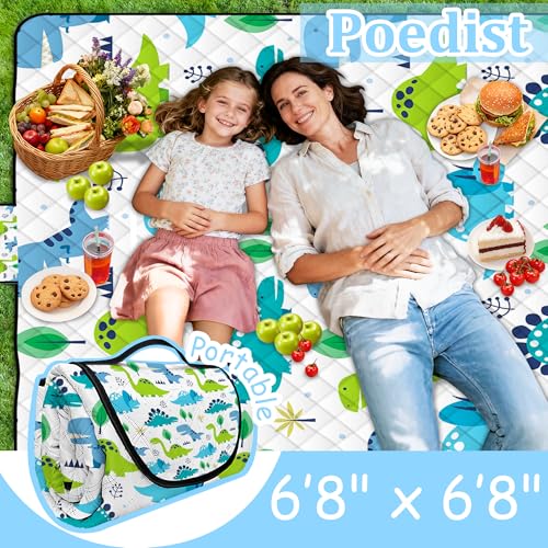Extra Large Picnic Blanket Waterproof,80"x 80"Foldable Machine Washable Beach Blanket,Outdoor Blanket for 6-8 Adults,Picnic Mat Suitable for Indoor Crawling,Park Beach,Camping,Hiking,Travel(Dinosaur) - color: Green Dinosaur, size: 6'8" x 6'8" (Square)
