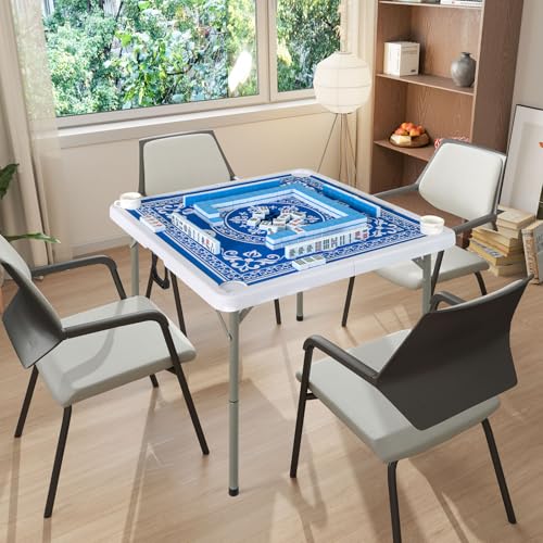 Goplus Mahjong Table, 35" Square Folding Card Table w/4Cup Holders, Anti Slip Mat, HDPE Tabletop, Metal Legs, Portable Mahjong Game Table for Domino Game, Picnic (Ocean Blue, Table w/Removable Mat) - style: Ocean Blue, Table w/Removable Mat
