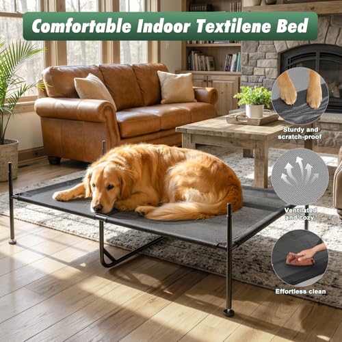 Pawaboo 47'' XL Dog House Outdoor for Medium Large Breeds, Weatherproof Large Dog Shelter, Elevated Dogs Bed & Breathable Mesh Windows, Larges Dogs Houses Outdoor/Indoor for All Seasons, Grey