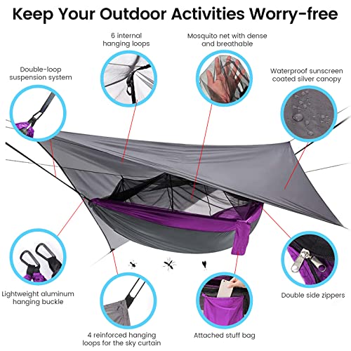 Camping Hammock with Mosquito Net & Rain Fly Tent Tarp & Tree Straps Portable Strong Nylon Hammock Parachute Tent w/Storage Bag for Camping Hiking Backyard Outdoor Backpacking Travel - color: Purple