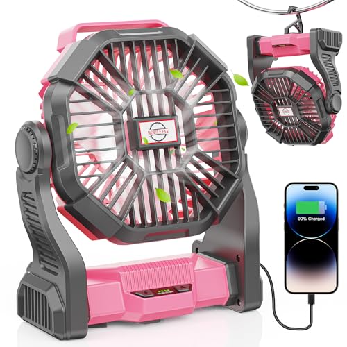 DOWILLDO 30000mAh Portable Battery Powered Camping Fan - with LED Light, Quiet Battery Operated, Camping Gear for Travel, Tent, Beach, Car or Hurricane Power Outages, Pink - color: Pink, size: 30000mAh