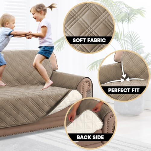 PrinceDeco 100% Waterproof Loveseat Covers for 2 Cushion Couch Sofa Covers Waterproof and Washable Sofa Slipcover with Side Pocket Furniture Protector with Elastic Straps(Loveseat 48", Taupe) - color: Taupe, size: Loveseat