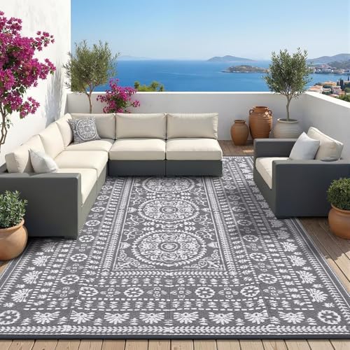 Garvee Reversible Outdoor Rug 6x9 for Patio, Waterproof Outdoor Area Rug, Modern Medallion Indoor Outdoor Rugs, Plastic Straw Rug for RV, Camping, Deck, Vintage Grey - color: Grey & White, size: 6' x 9' (Rectangular)