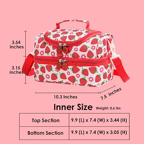 Insulated Kids Dual Compartment Lunch Bags Tote for Girls Boys Toddler Lunch Boxes Pre-School Toddler Kindergarten Picnic Camp Food Cooler Thermal with Strap (Bright Strawberry) - color: Bright Strawberry