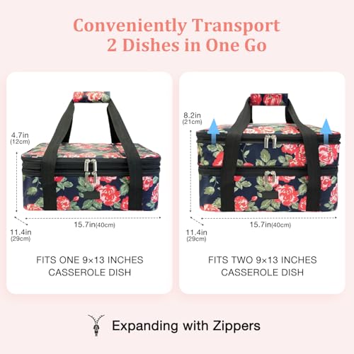 Expandable Casserole Carrier Bag - Double Decker Food Bag, Insulated Casserole Carrier for Hot or Cold Food, Lasagna Holder Tote for Picnics,Beaches,Traveling or Gifts - color: Folwer