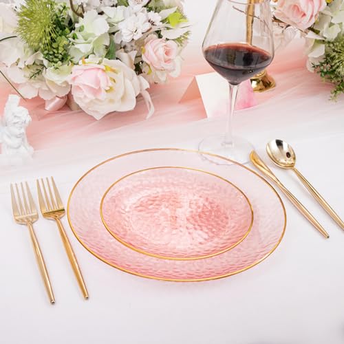 Rubtlamp 60Pcs Pink Plastic Plates,Clear Pink Plates With Gold Rim,Hammered Gold Plates Include 30Pink Plastic Dessert Platos, 30Gold Dinner Platos For Party - color: Clear Gink Gold