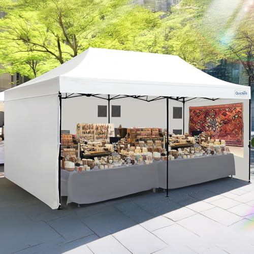 Quictent 10x20 Heavy Duty Pop up Canopy Tent with 3 Removable Sidewalls, Commercial Grade Instant Shelter with Wheeled Bag for Outdoor, Parties, Markets, 600D PU Coated UPF 50+ Sun Shield - color: Off White, size: 10x20