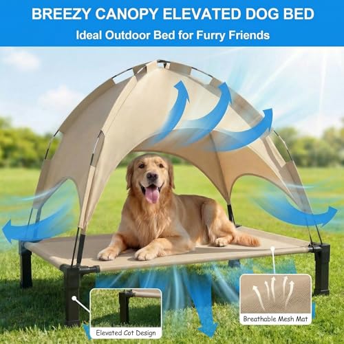 Elevated Dog Bed with Canopy Raised Pet Cot for Large Dogs, Outdoor Dog Cot with Removable Sun Shade Tent, Breathable Mesh Portable Dogs Cot for Camping, Beach, Backyard, Outdoor Use - color: Beige, size: 42.1"L x 31"W x 37"H