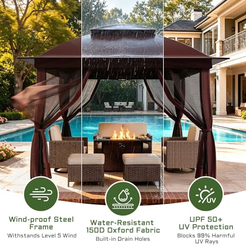 11'X11' Gazebo Pop Up with 4 Sidewalls Mosquito Netting, Heavy Duty Patio Gazebo Canopy Tent with Double Air Roofs for Backyards, Patios, Decks, Gardens, Parks - color: Red Top