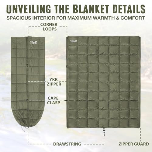 ZIPPIES 3M Thinsulate Insulation Puffy Camping Blanket for Cold Weather, Queen Size Warm Camping Quilt with Zipper, Waterproof Outdoor Sleeping Bag for Hammock, Cozy & Versatile Gift for Men and Women - color: Olive