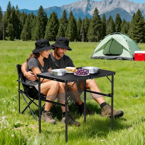Anbte 3ft Camping Table Foldable with Storage Net, 3 Heights Max 29.5" Aluminum Camping Table with Portable Handle, Lightweight, for Travel Outdoor Beach Picnic Patio Indoor, 36" x 24", Pure Black - size: 36"l X 24"w X 29.5h"