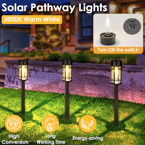 Mancra Solar Pathway Lights, 8 Pack LED Solar Lights Outdoor Waterproof, Glass Metal Garden Lighting for Yard Path Landscape Lawn Walkway Driveway, 3000K - color: Black