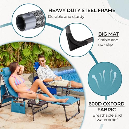 FUNDANGO 4 in 1 Tanning Chair with Face Hole, Beach Lounge Chair w/Canopy Shade & Side Table Chaise Lounge Chairs for Patio, Pool, Lawn, Sunbathing, 5-Position Adjustable Sun Lounger, Cyan - color: #Ucp 1 Pack Cyan, style: UltimateComfort Pro 5 Position C