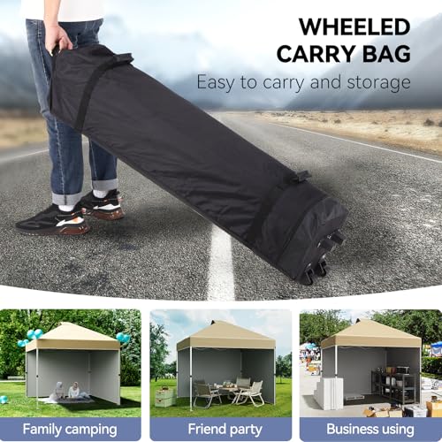 10 x 10 Pop Up Canopy, All Season Instant Canopy with 2 Sidewalls and Vented Roof, Portable Party Tent with Wheeled Carry Bag and Sandbag for Camping, Picnic, Party, Khaki - color: Khaki, size: 2 Side Walls