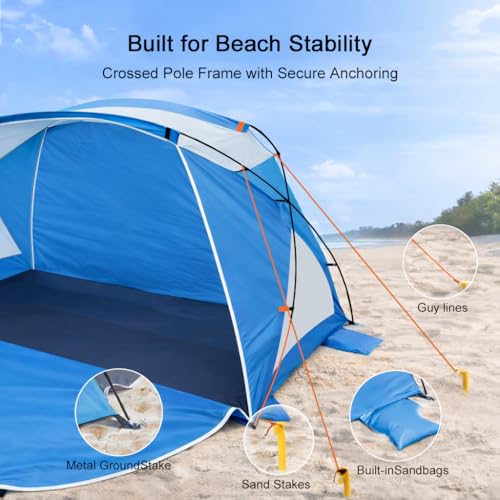Beach Tent Sun Shelter with UPF 50+ UV Protection, Dual Door Design for Better Ventilation, Easy Setup Portable Beach Shade Canopy with Carrying Bag for Beach, Camping, Fishing and Outdoor Travel - color: Blue-Dual Door, size: Compact 1-2 Person