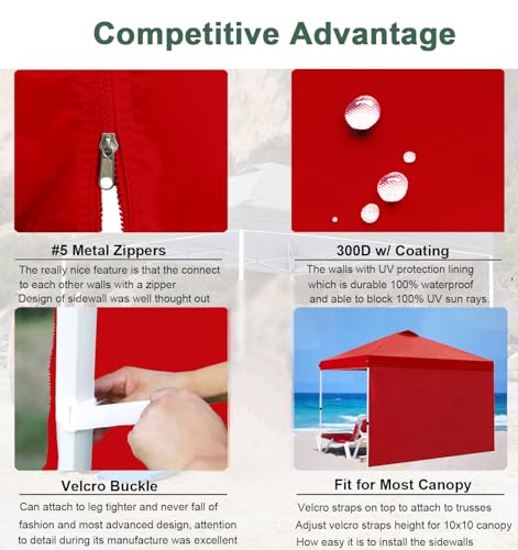 SideWalls for 10x10 Pop up Canopy Frame, 3 Pack Red SunWall and 1Pack Door Only, Red (with Zippers) - color: Red, size: 4 Sidewalls