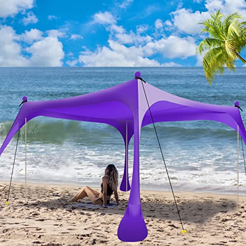 Buheco Beach Tent Pop Up Shade 7x7.5ft Beach Canopy Sun Shelter UPF50+ with 4 Foldable Poles Portable Carrying Bag Sand Shovel Ground Pegs Windproof Ropes for Outdoor Family Camping Fishing Picnic - color: Purple, size: 7x7.5FT 4 Pole