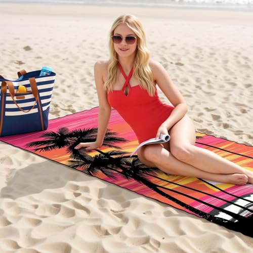 Oversized Microfiber Beach Towel Thin 2 Pcs, Pink Blue Sunset Seaside Double Sided Towel, Large Sand Free Quick Dry Soft Swim Absorbent Compat Towels for Adult Women Men, Summer Swim Holiday, 35"x71"