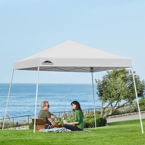 EAGLE PEAK 10x10 Slant Leg Pop-up Canopy Tent Easy One Person Setup Instant Outdoor Beach Canopy Folding Portable Sports Shelter 10x10 Base 8x8 Top (White) - color: White, size: 10x10
