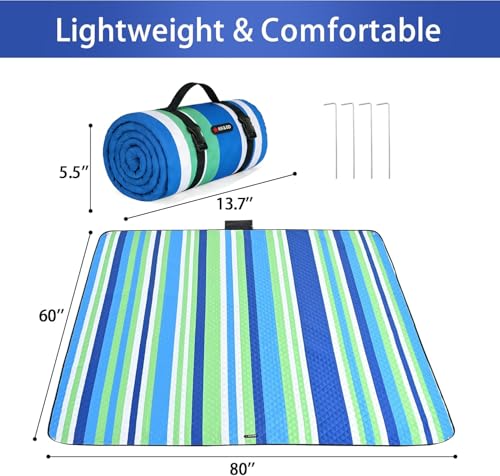 HX&OD Outdoor Picnic Blanket Extra Large, 80''*60'' Waterproof Picnic Mat with Stakes Foldable Camping Blanket Portable with Carry Strap for Beach Mat (Green& White, 80''*60'') - color: Blue, size: 5' x 6'8" (Rectangular)