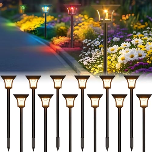 CINOTON 12 Pack RGBCW Solar Pathway Outdoor Lights, 3 Lighting Modes Solar LED Garden Lights, IP65 Waterproof Outside Solar Powered Landscape Lighting for Planter Lawn Pool Balcony RGB/Warm/Cold White - color: Multicolor, size: 12 Pack