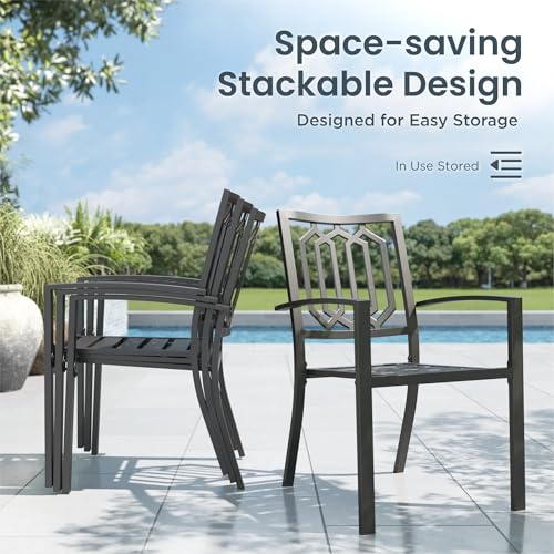 PHI VILLA 5 Pieces Outdoor Dining Set for 4, 37” Black Square Metal Steel Table with Mesh Top & Stackable Wrought Iron Chairs, Outside Furniture Set for Patio, Deck, Backyard, Porch - color: Hexagon Back Chair, size: 5PCS-37" Mesh Top Table