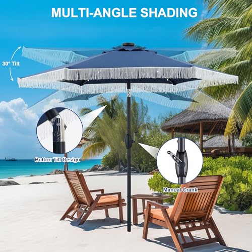 GDY 7.5ft Tassel Patio Umbrella and Matching Base, Outdoor Table Umbrella with 18 LED Lights,Market Umbrella with 6 Sturdy Ribs, with Push Button Tilt and Crank, Dark Blue - color: Dark Blue+18 Lights, size: Umbrella+Base
