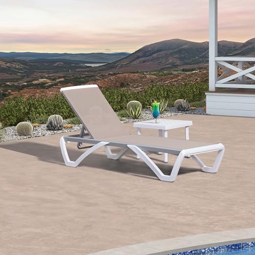 PURPLE LEAF Patio Chaise Lounge Chair Set Outside Aluminum Plastic Stackable Tanning Chairs with Side Table for Pool Sunbathing Beach Deck Outdoor Lounger, Khaki - color: Khaki, style: 1 chair + 1 table