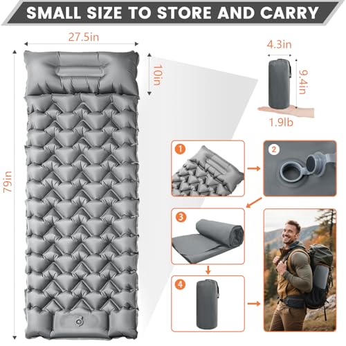 Ultralight Sleeping Pad for Backpacking, 4" Thick & 1.9 lb, with Built-in Pillow & Fast Foot Pump, Compact Inflatable Mat for Hiking and Camping - color: Grey