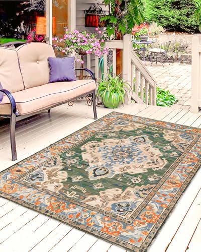 5x8 Large Area Rug Green Orange Flowers Waterproof Outdoor Patio Rug for Camping RV, Boho Ethnic Style Indoor Outdoor Carpet,Washable Outdoor Mat for Porch/Deck/Backyard/Balcony/Living Room - size: 5' x 8' (Rectangular)