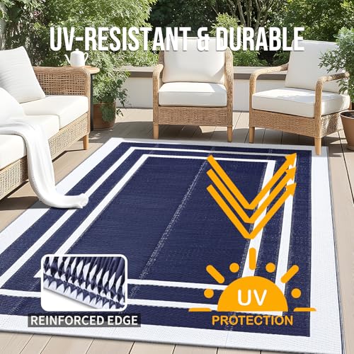 OLANLY Outdoor Rug 4x6 ft Waterproof, Reversible Outdoor Plastic Straw Rug, RV Mat, Indoor Outdoor Carpet Clearance for Patio, Camping, Balcony, Deck, Backyard, Navy & White - color: Navy Blue & White, size: 4' X 6' (Rectangular)