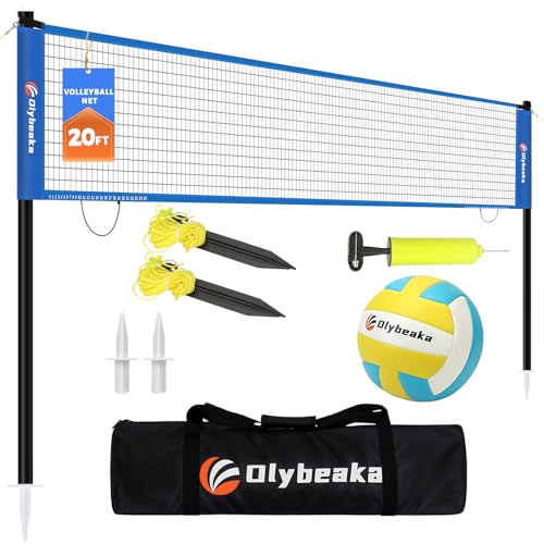 20FT Outdoor Volleyball Net Set System for Backyard Beach with Anti-Sagging Net, Iron Adjustable Height Poles, Soft PU Volleyball and Pump, Carry Bag - Instant Set Up & Durable - color: Blue
