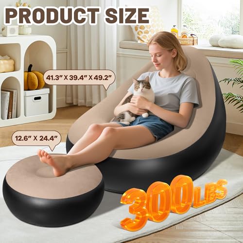 Inflatable Chair for Adults,Portable Inflatables Chairs with Ottoman,Flocked Surface inflatables Couch,Waterproof Blow Up chair,Comfortable inflatable Couch for Camping,Gaming(Without Pump)1PK