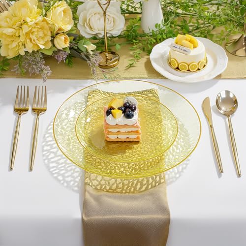 Rubtlamp 60Pcs Yellow Gold Plastic Plates, Yellow Disposable Plates With Gold Rim, Clear Heavy-duty Party Supplies, Hammered Plastic Plates Include 30 Dessert Platos, 30 Dinner Platos for Party - color: Clear Yellow Gold