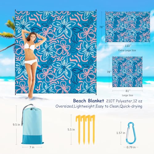 Beach Blanket Waterproof Sandproof 1-7 Adult Oversized 78 '' × 81 '' Lightweight Durable Compact Sand Free Extra Large Beach Mat for Travel Camping Hiking Picnic Blanket - color: Blue Flower, size: 78“x81”
