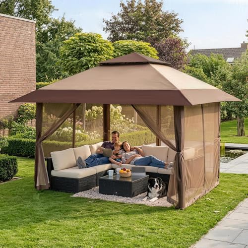 CROWN SHADES 13x13 Pop Up Gazebo, Canopy Tent, Gazebos on Clearance - Outdoor Gazebo for Backyard & Patio Furniture - Carpa Pop Up Tent with Wheeled STO-N-Go Cover Bag (Beige & Coffee) - color: Beige & Coffee, size: 13x13